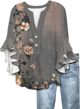 3/4 Length Sleeve Summer Workout Tops For Women, Womens V Neck Button-Down Shirts Ruffle Clothes Blouses