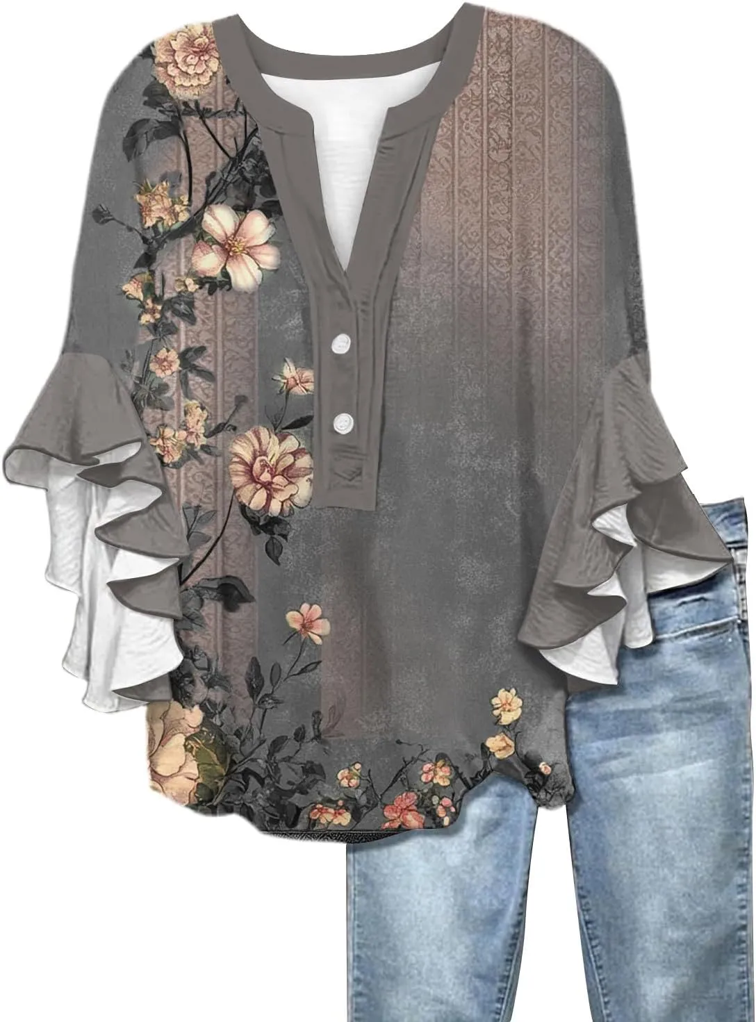 3/4 Length Sleeve Summer Workout Tops For Women, Womens V Neck Button-Down Shirts Ruffle Clothes Blouses