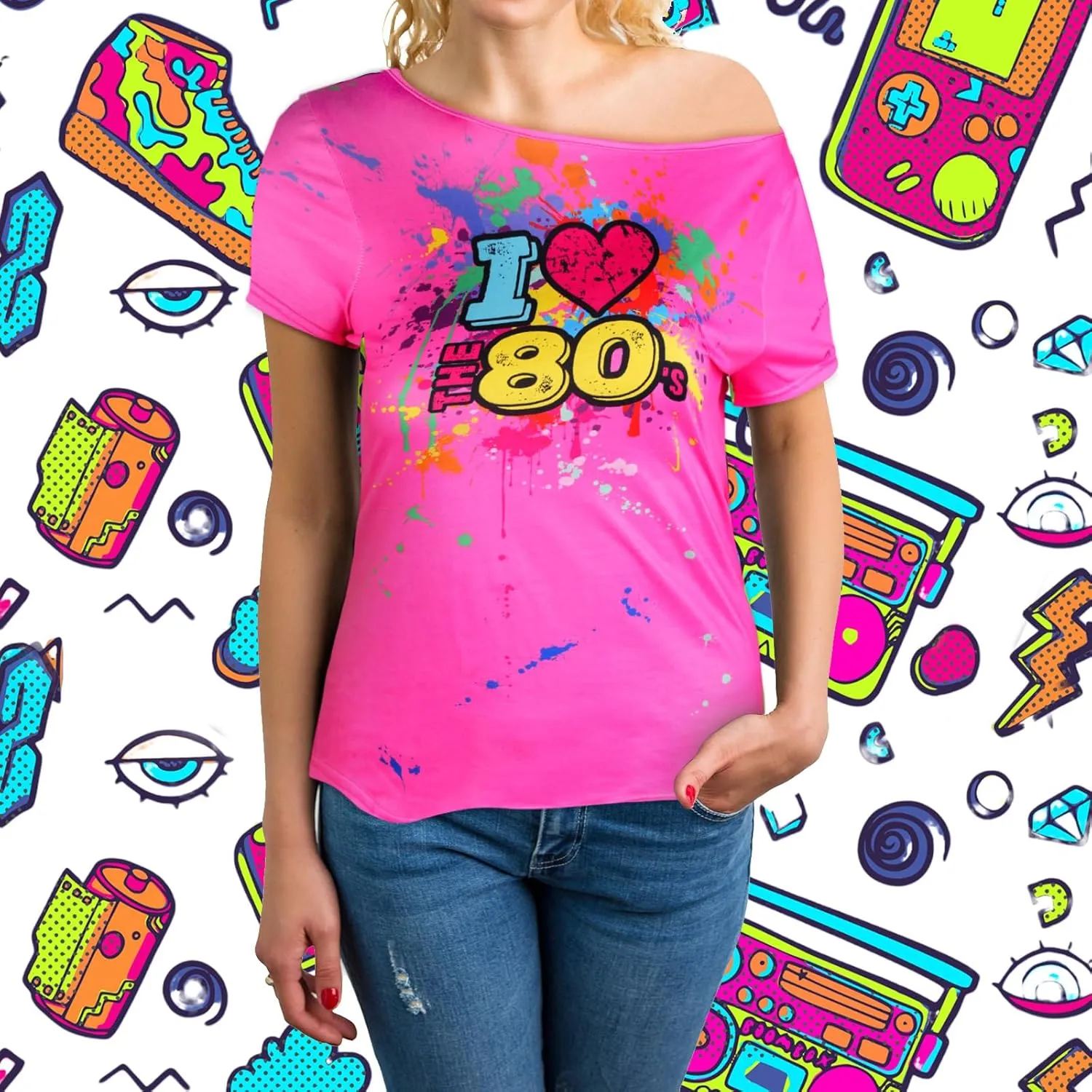 80s Outfit for Women Plus Size I Love The 80's Costumes 80s Off Shoulder T-Shirt Tops Neon Clothes Oversized