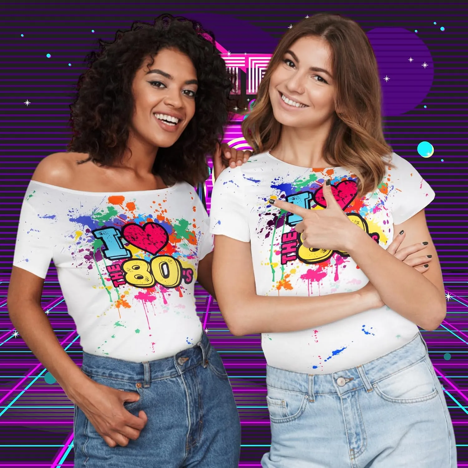 80s Outfit for Women Plus Size I Love The 80's Costumes 80s Off Shoulder T-Shirt Tops Neon Clothes Oversized