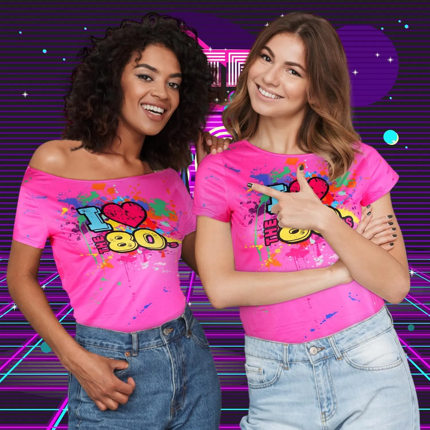 80s Outfit for Women Plus Size I Love The 80's Costumes 80s Off Shoulder T-Shirt Tops Neon Clothes Oversized
