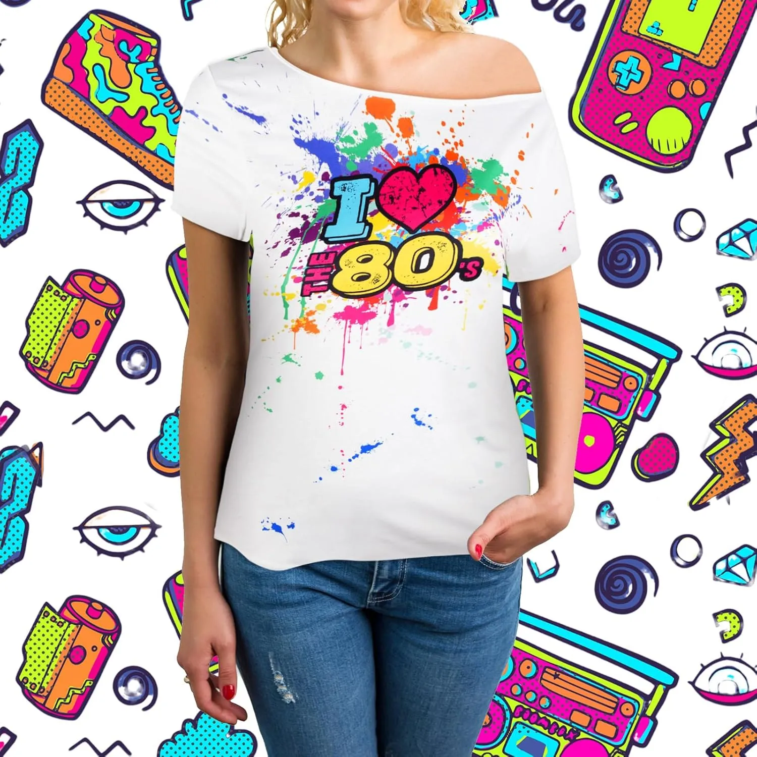 80s Outfit for Women Plus Size I Love The 80's Costumes 80s Off Shoulder T-Shirt Tops Neon Clothes Oversized