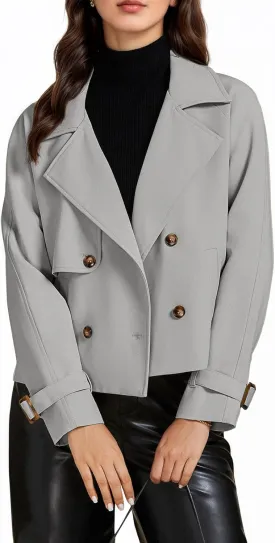 ASHER FASHION Cropped Trench Coat for Women, Fall Jackets for Women 2024, Long Sleeve Double Breasted Notched Lapel Casual