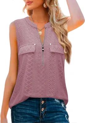 Bulotus Women's V-Neck Casual Tunic Tank Tops Zipper Sleeveless Blouse Shirt