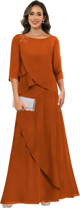 Chiffon Mother of The Bride Dresses for Women with Sleeves Lace Long Evening Gowns