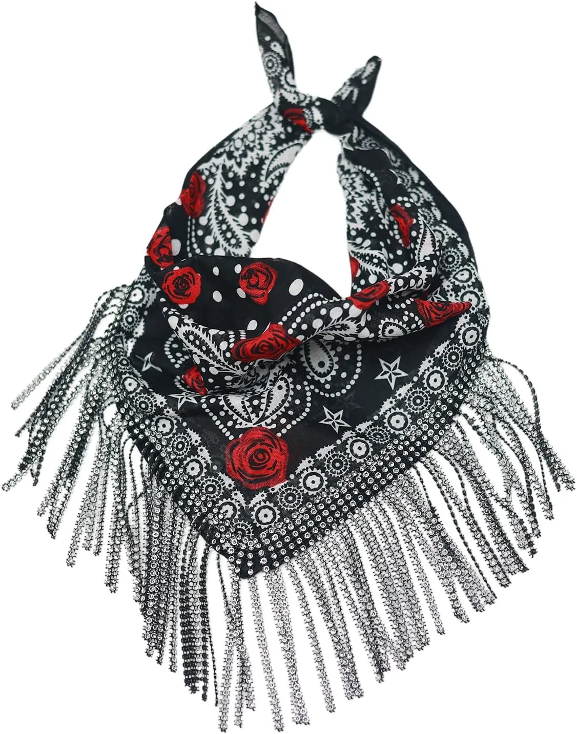 Cotton Bandana with Fringe  Romantic Floral Head Scarf for Valentines Day, Boho Fashion  Lightweight Unisex