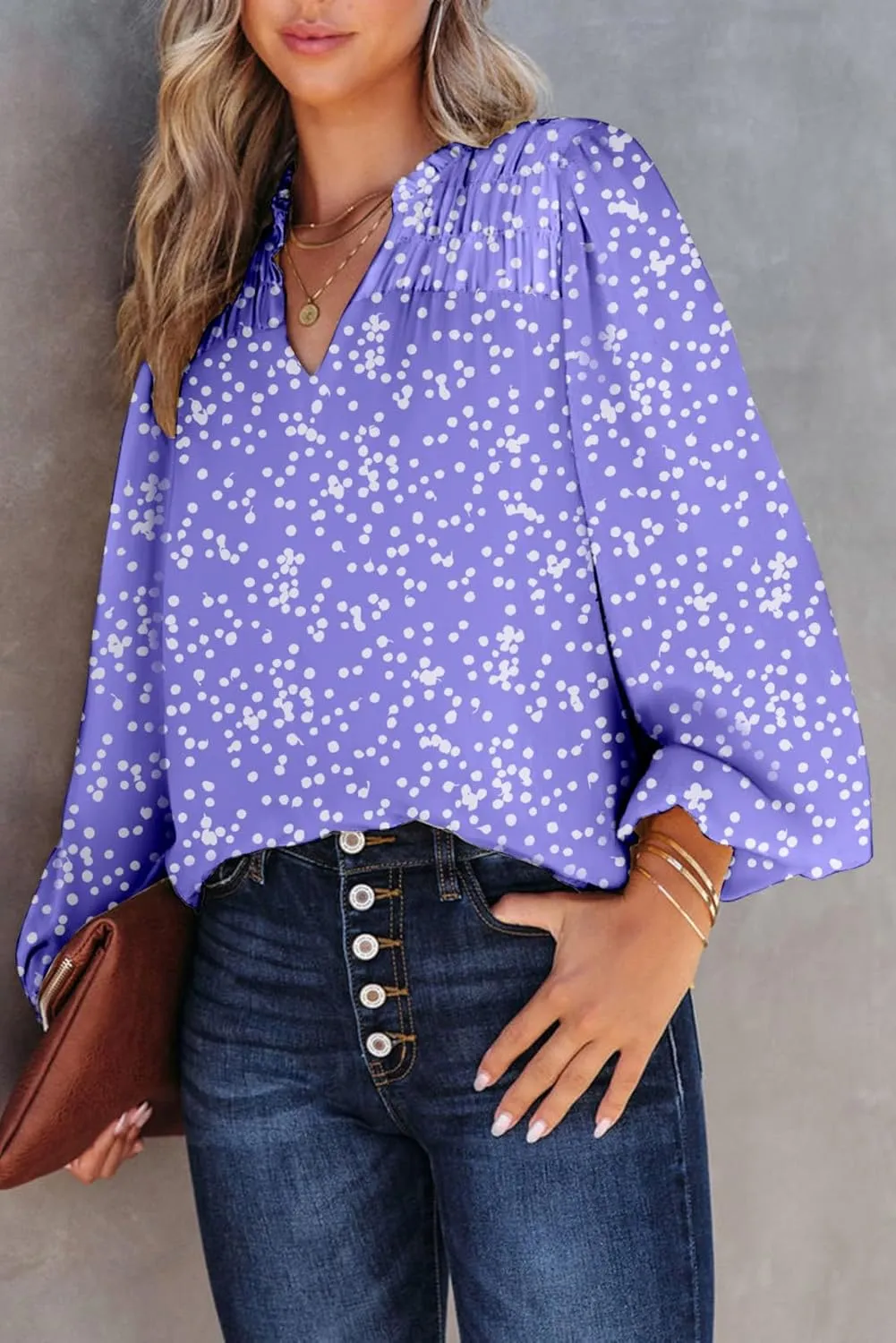 Dokotoo Women's Casual V Neck Alicia Floral Print Smocked Long Sleeve Chiffon Blouses Bohemian Top Shirts