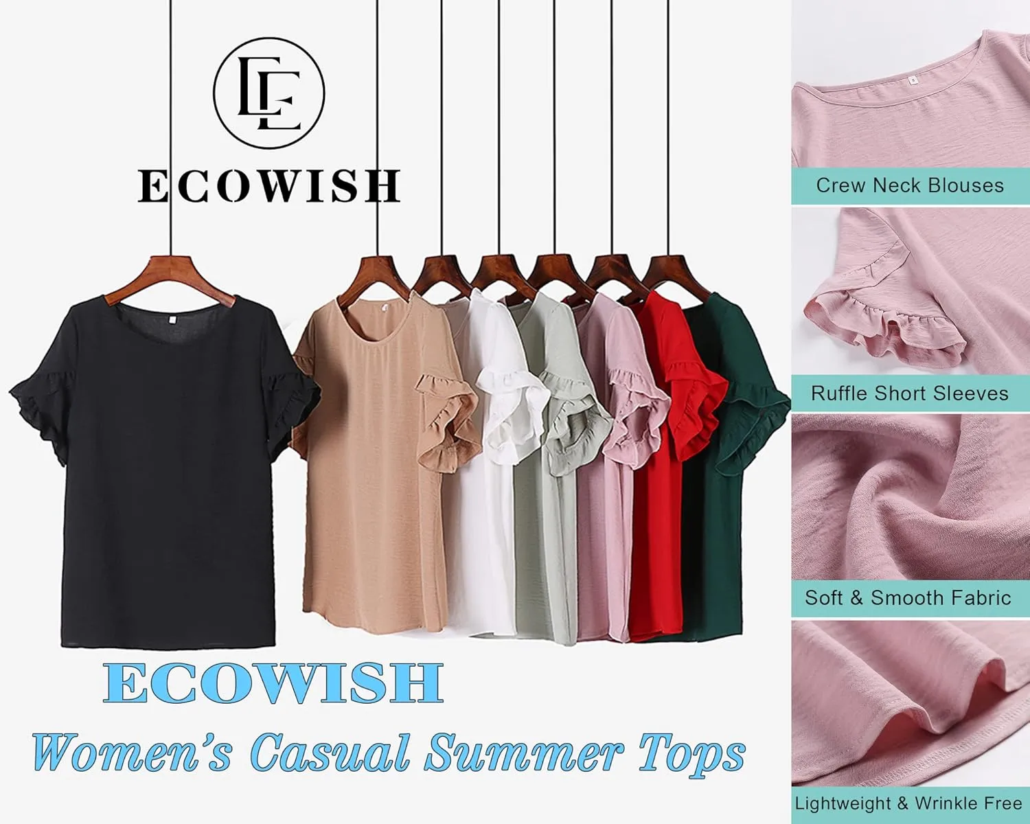 ECOWISH Womens Casual Ruffle Tops: Short Sleeve Summer Blouses Soild Crewneck Tunics Shirts