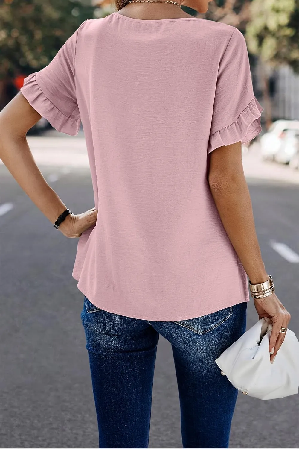 ECOWISH Womens Casual Ruffle Tops: Short Sleeve Summer Blouses Soild Crewneck Tunics Shirts