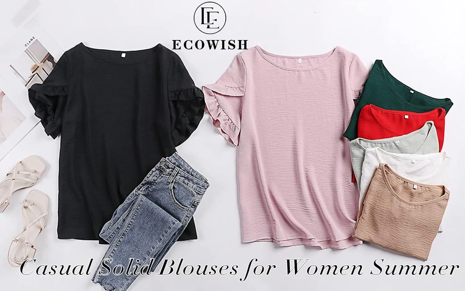 ECOWISH Womens Casual Ruffle Tops: Short Sleeve Summer Blouses Soild Crewneck Tunics Shirts
