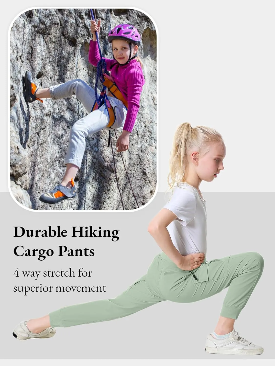 EXARUS Girls Cargo Pants Joggers Slim Fit with Zip Pockets Kids Quick Dry Lightweight Drawstring High Waisted 8-14Y