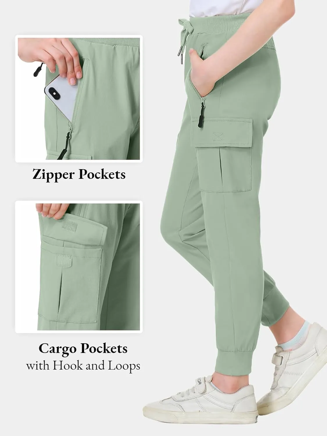 EXARUS Girls Cargo Pants Joggers Slim Fit with Zip Pockets Kids Quick Dry Lightweight Drawstring High Waisted 8-14Y