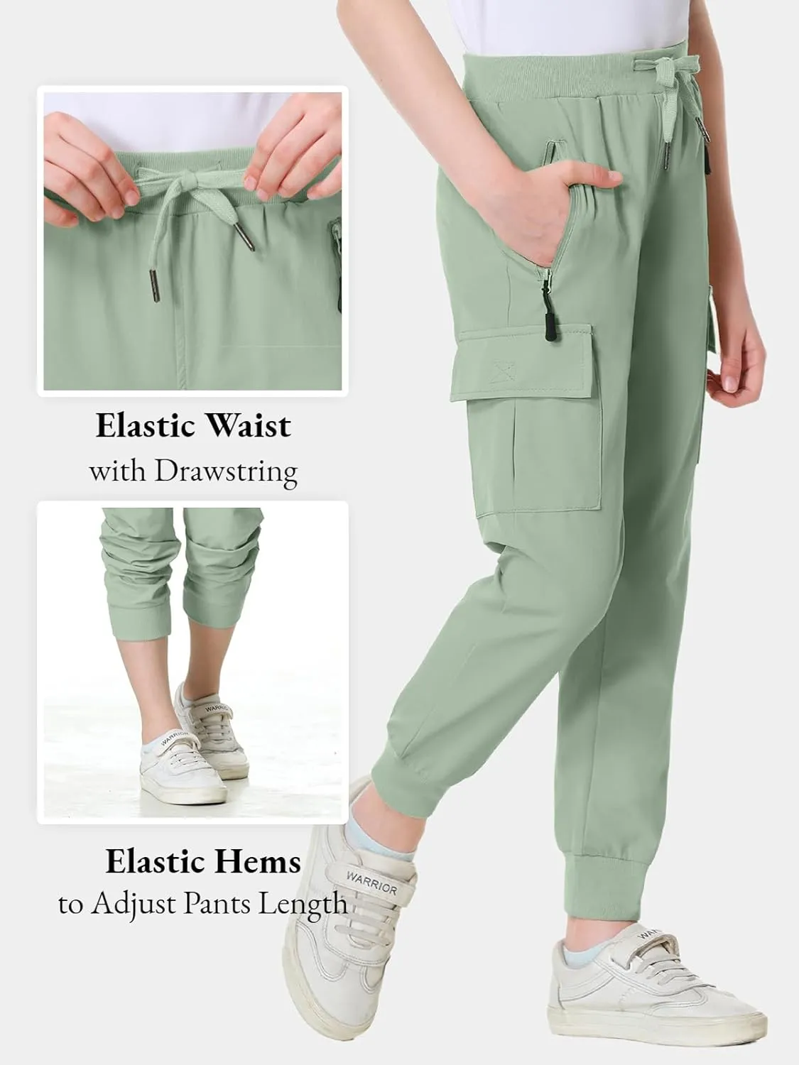 EXARUS Girls Cargo Pants Joggers Slim Fit with Zip Pockets Kids Quick Dry Lightweight Drawstring High Waisted 8-14Y
