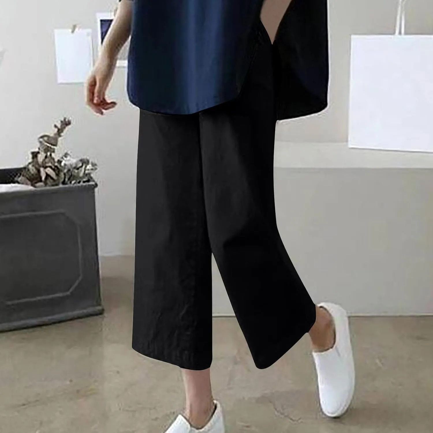 Exquisite Wide Leg Capris Pant for Women Casual Solid Color Lightweight Straight Seven Trousers Working Business Outdoor