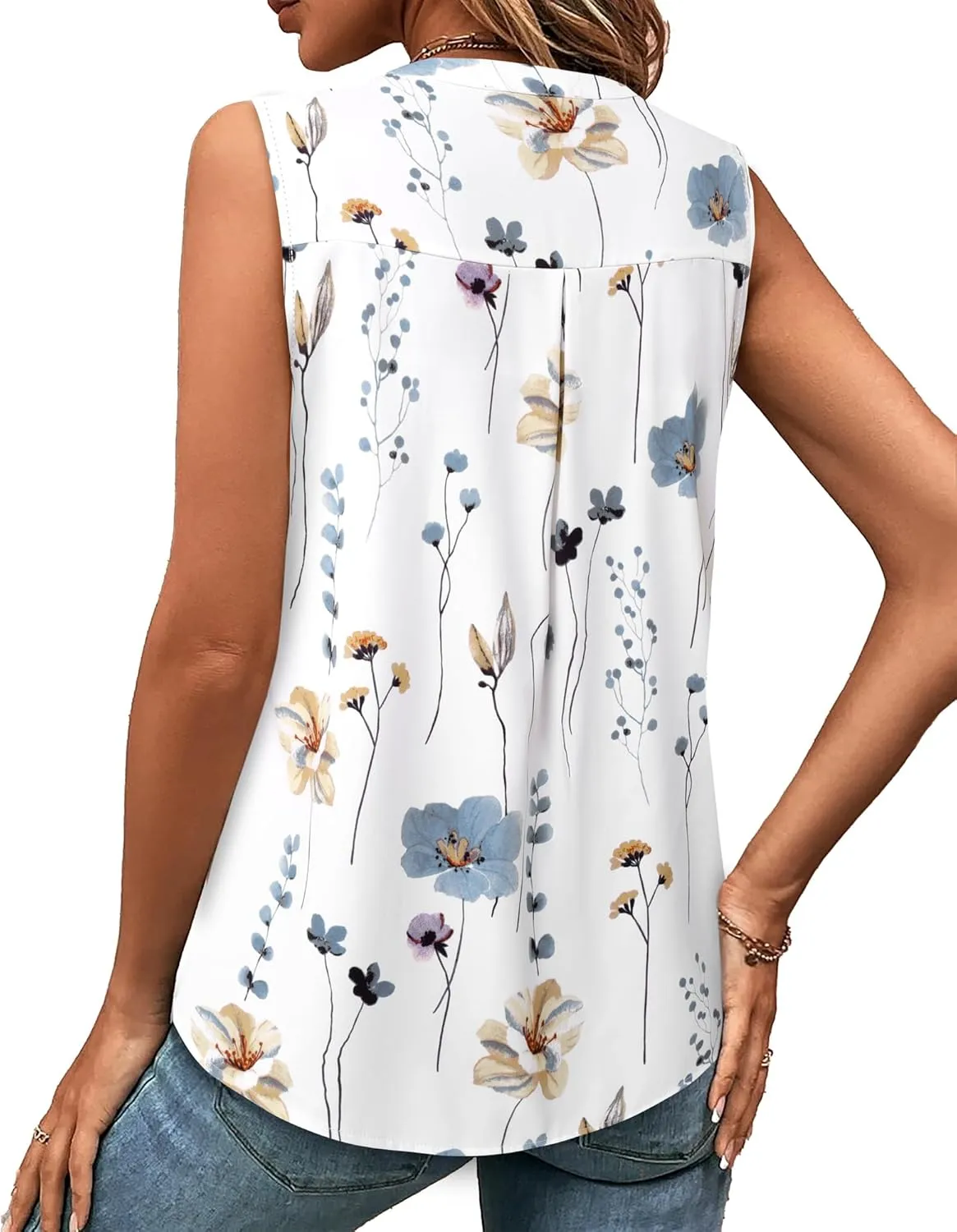 Gaharu Sleeveless Chiffon Tank Tops for Women Dressy V Neck Blouses Work Pleated Shirt