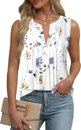 Gaharu Sleeveless Chiffon Tank Tops for Women Dressy V Neck Blouses Work Pleated Shirt
