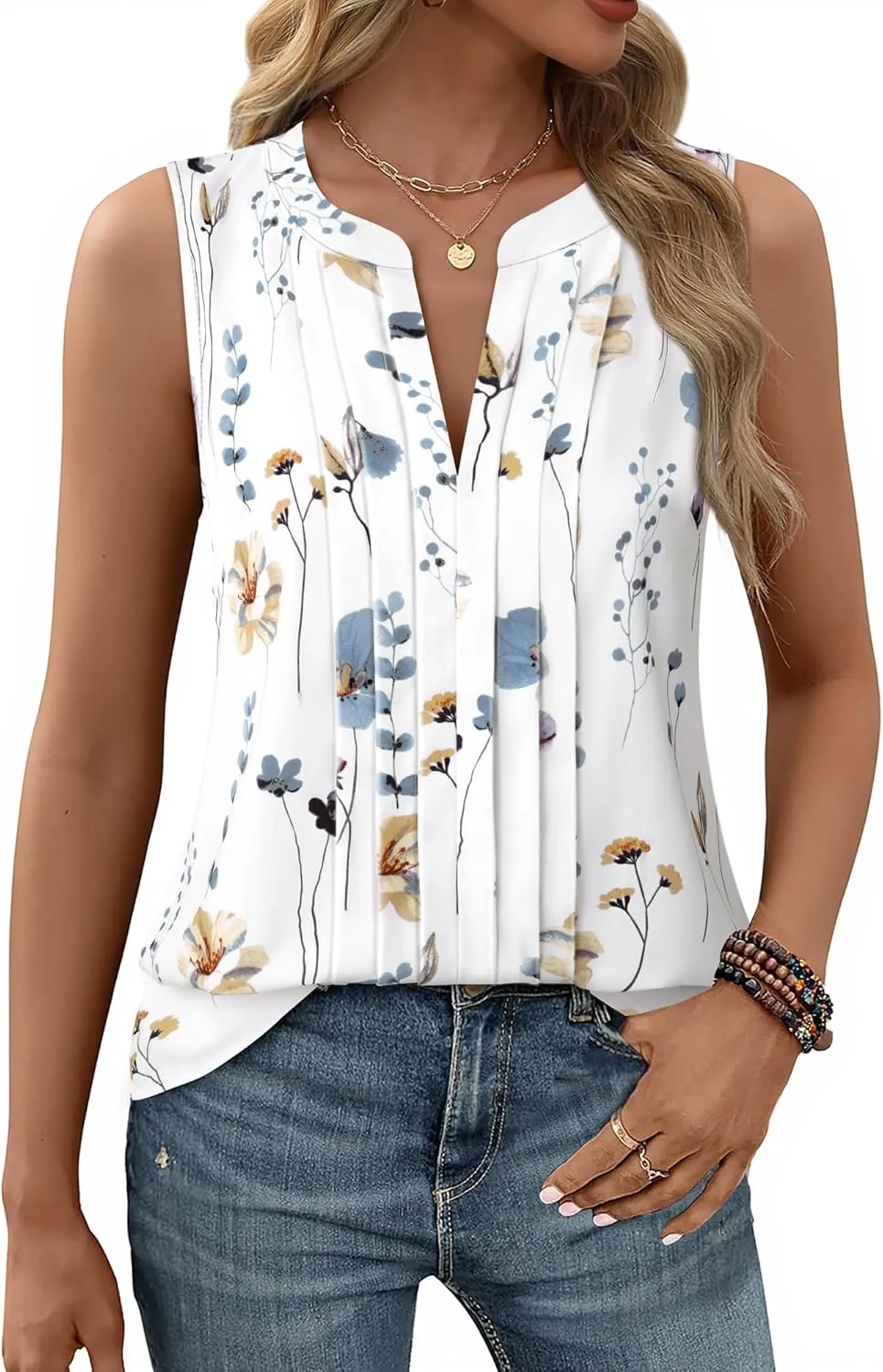 Gaharu Sleeveless Chiffon Tank Tops for Women Dressy V Neck Blouses Work Pleated Shirt
