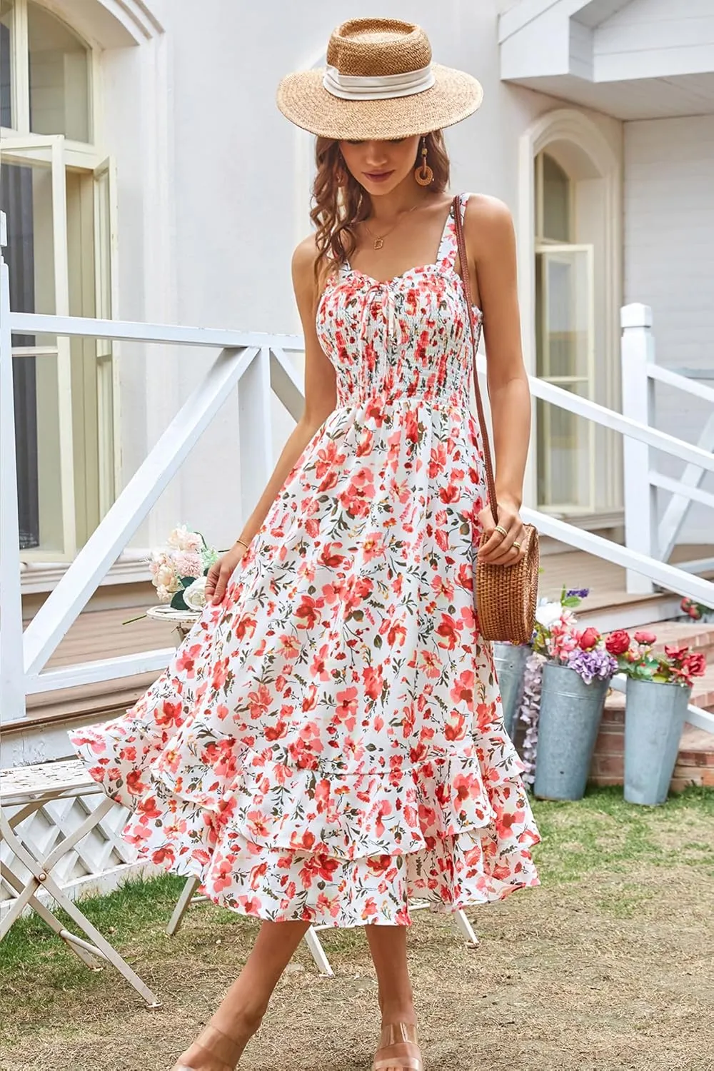 GRACE KARIN Women's 2025 Summer Floral Boho Dress Square Neck Strapped Swing A Line Sundress Beach Long Maxi Outfits