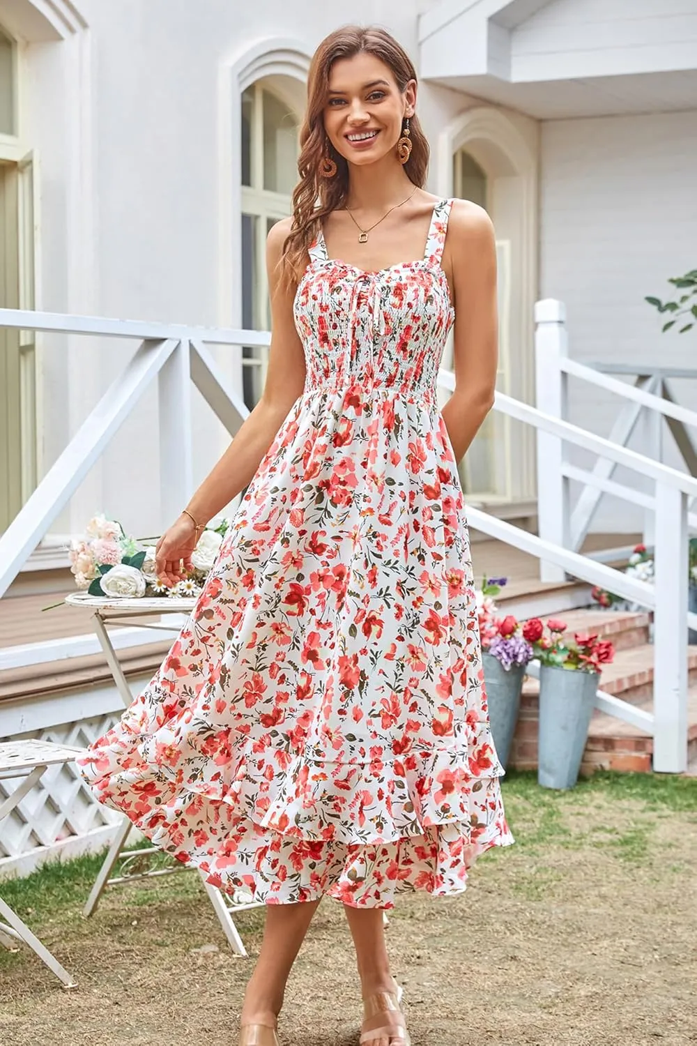 GRACE KARIN Women's 2025 Summer Floral Boho Dress Square Neck Strapped Swing A Line Sundress Beach Long Maxi Outfits