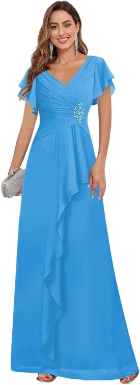 GUKARLEED Womens Ruffles Mother of The Bride Dresses Long V Neck Lace Appliques Formal Dress for Wedding Guest with Sleeves
