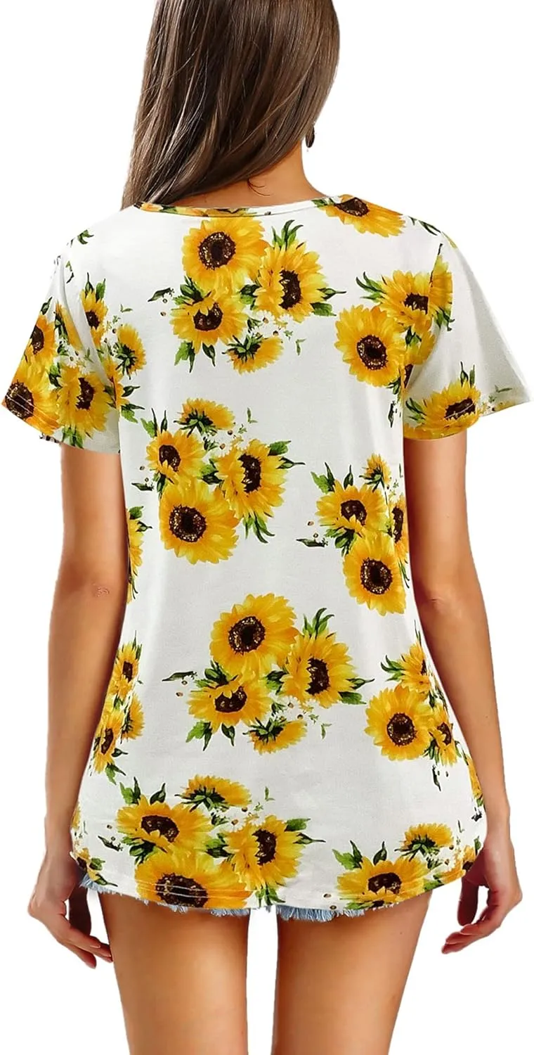 Hibluco Women's Summer Tops Short Sleeve Round Neck Floral Print Shirt Tunic Blouse