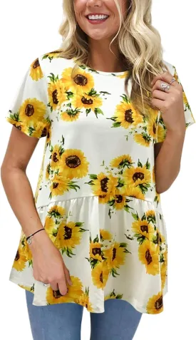 Hibluco Women's Summer Tops Short Sleeve Round Neck Floral Print Shirt Tunic Blouse
