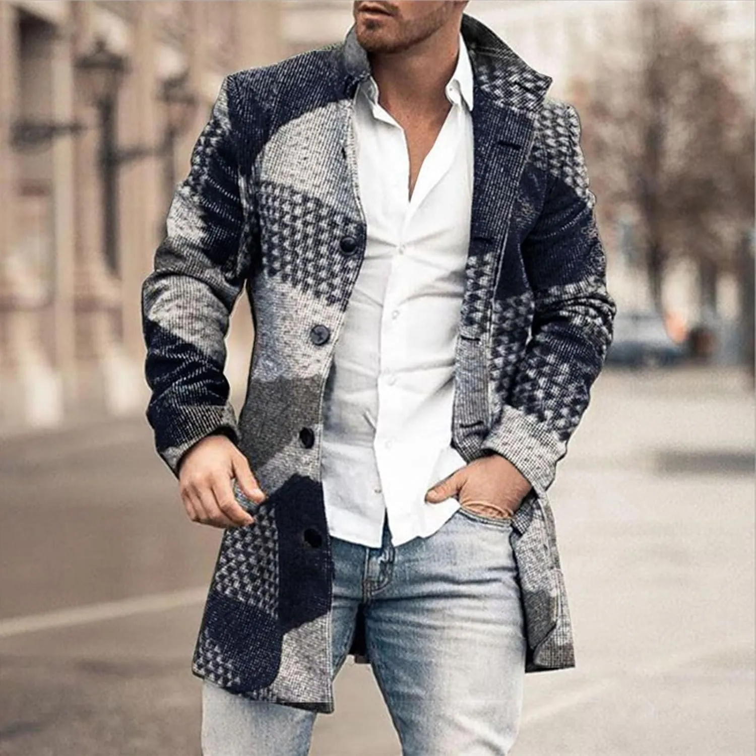 Houndstooth Overcoat for Men Single Breasted Color Block Patchwork Long Coats Hiking Outwear Sport Windbreaker Coats