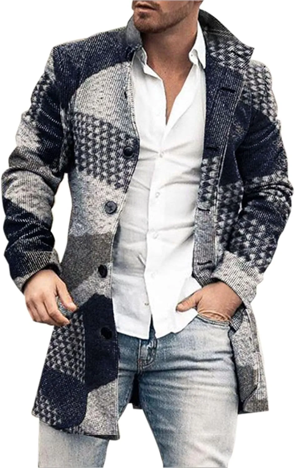 Houndstooth Overcoat for Men Single Breasted Color Block Patchwork Long Coats Hiking Outwear Sport Windbreaker Coats