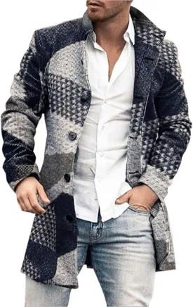 Houndstooth Overcoat for Men Single Breasted Color Block Patchwork Long Coats Hiking Outwear Sport Windbreaker Coats