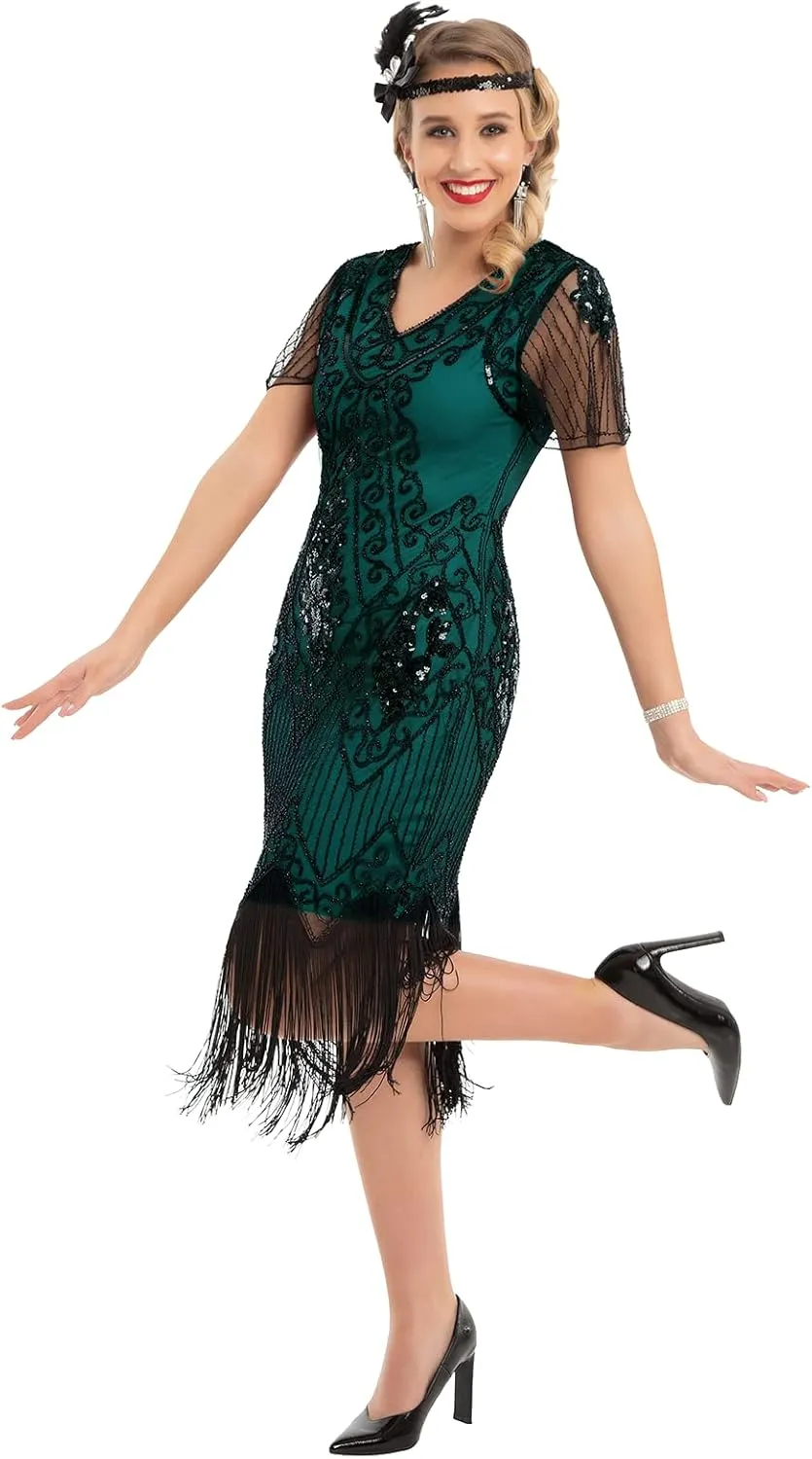 kayamiya Women's Flapper Dresses 1920s Sequins Art Deco Gatsby Cocktail Dress with Sleeve