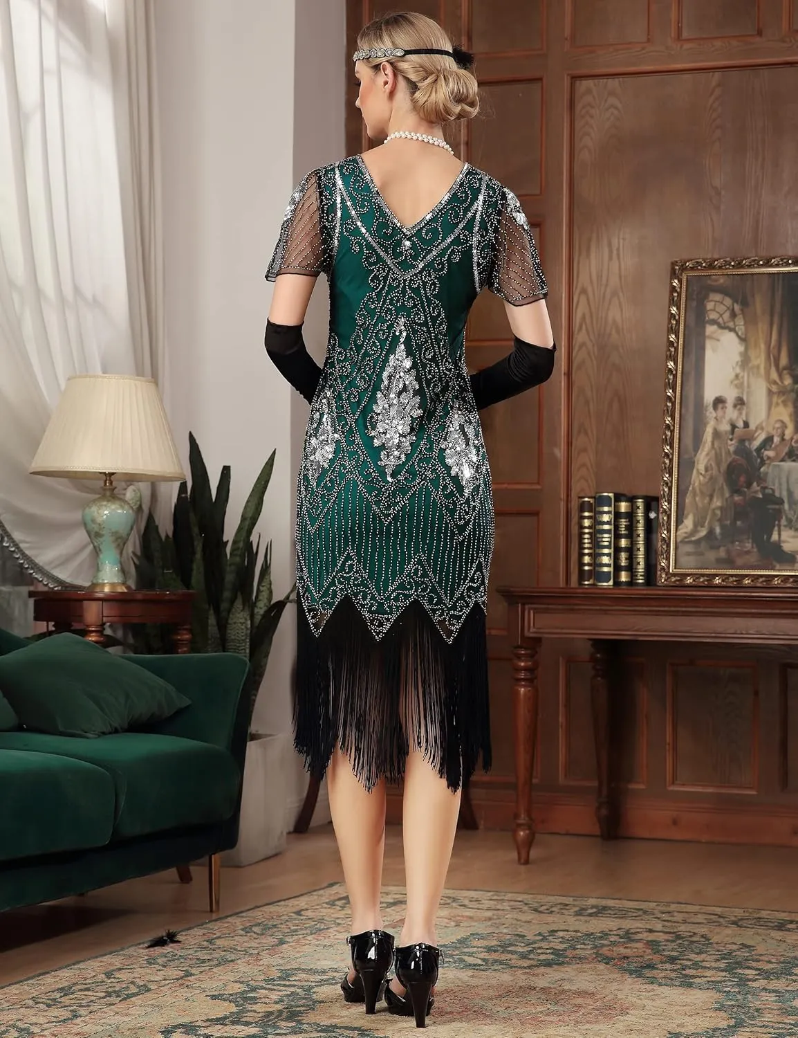kayamiya Women's Flapper Dresses 1920s Sequins Art Deco Gatsby Cocktail Dress with Sleeve