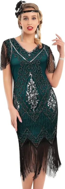kayamiya Women's Flapper Dresses 1920s Sequins Art Deco Gatsby Cocktail Dress with Sleeve