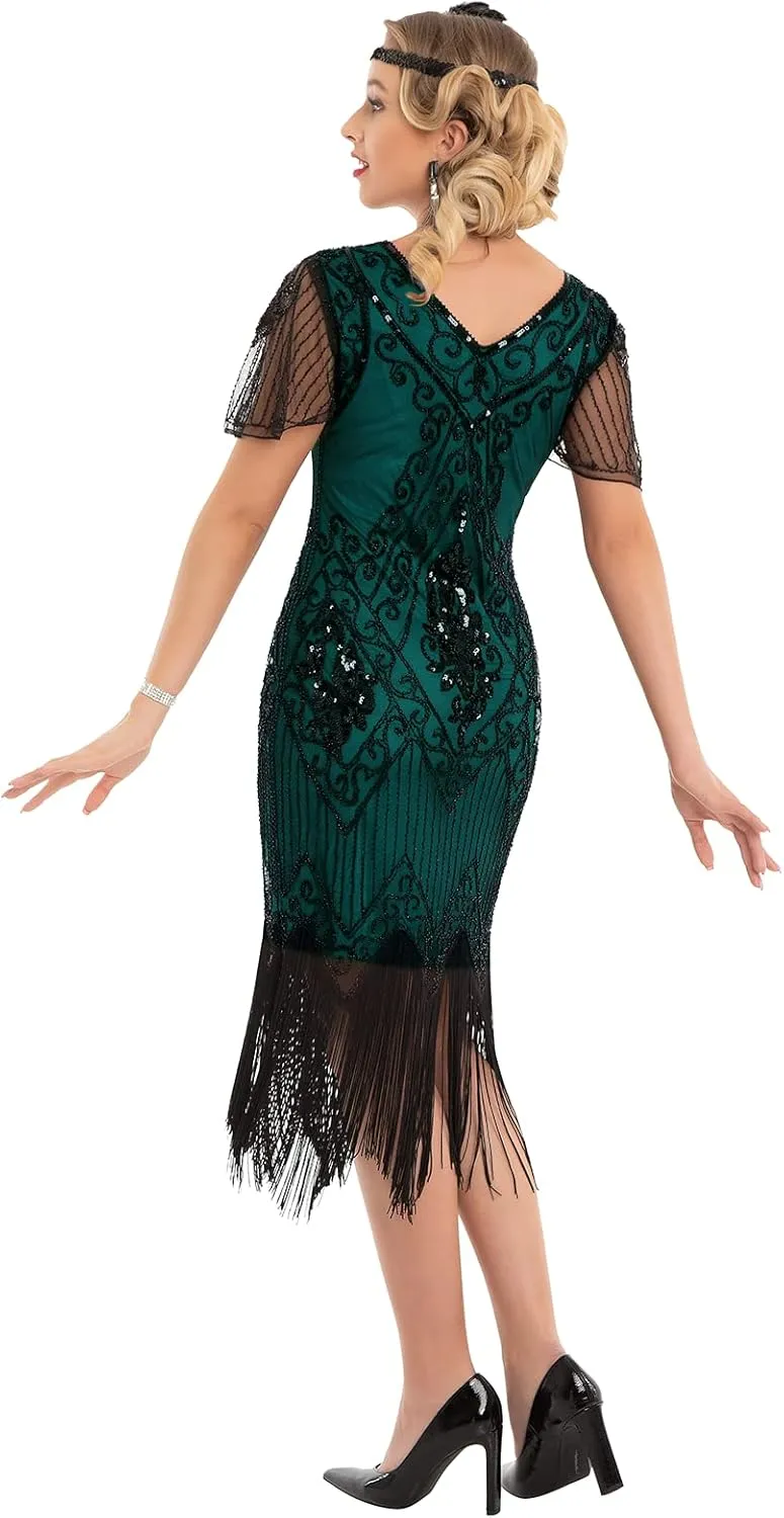 kayamiya Women's Flapper Dresses 1920s Sequins Art Deco Gatsby Cocktail Dress with Sleeve