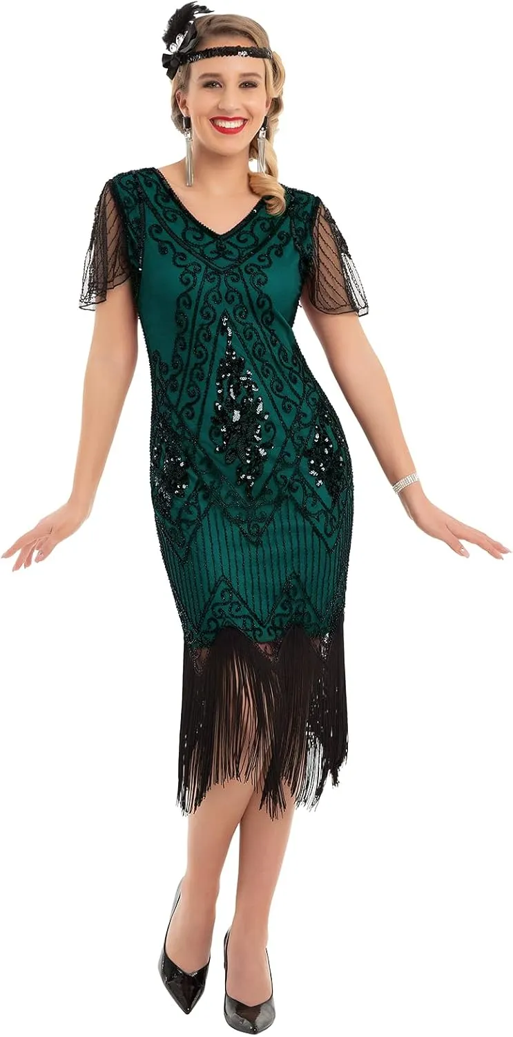 kayamiya Women's Flapper Dresses 1920s Sequins Art Deco Gatsby Cocktail Dress with Sleeve