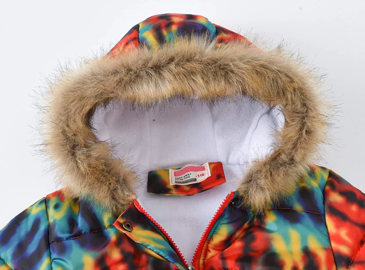 Kids Girls Winter Tie-Dye Print Windproof Warm Woolen Padded Fur Hooded Parkas Coat 2-10 Years