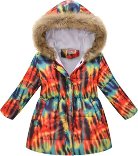 Kids Girls Winter Tie-Dye Print Windproof Warm Woolen Padded Fur Hooded Parkas Coat 2-10 Years