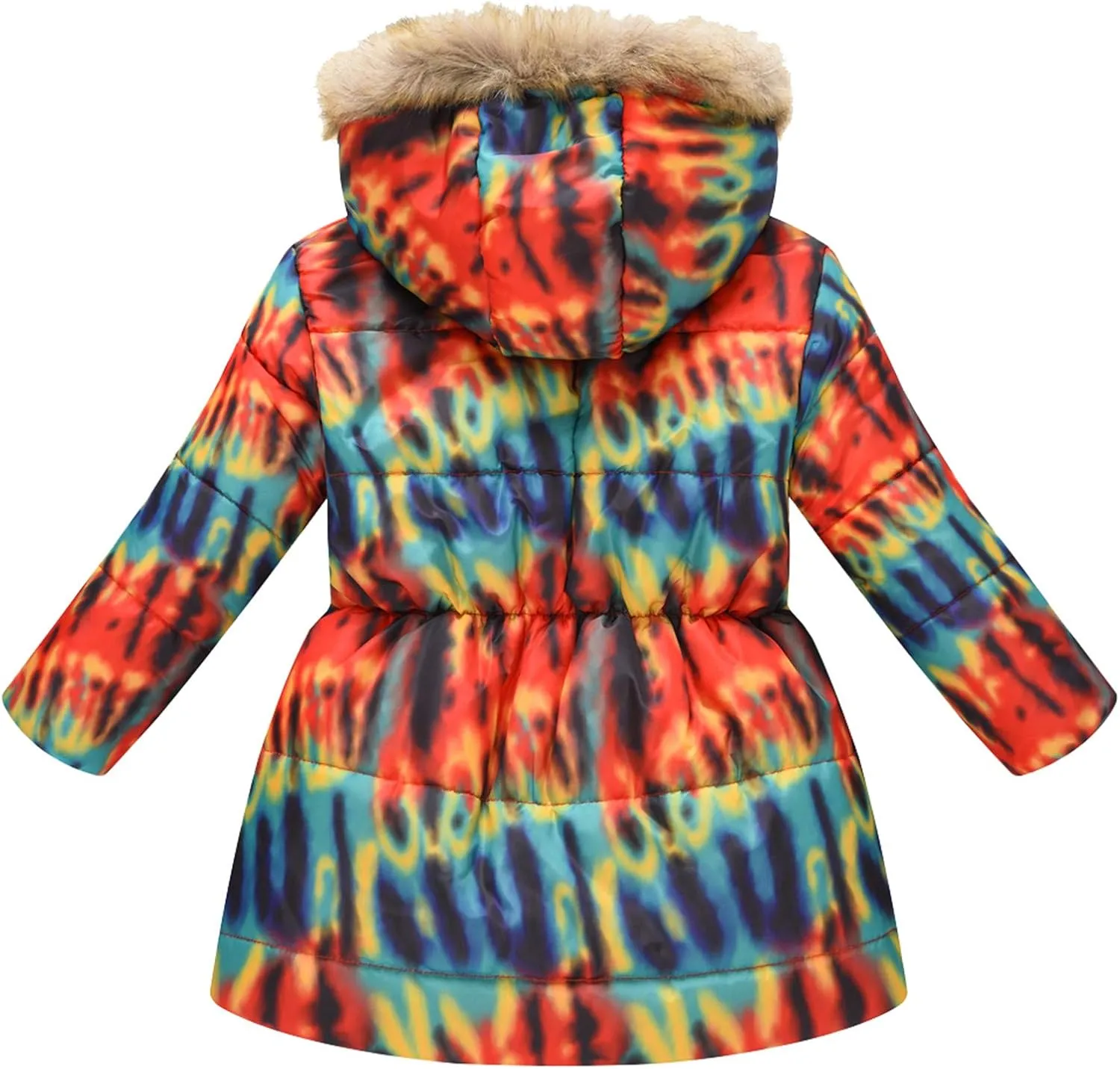 Kids Girls Winter Tie-Dye Print Windproof Warm Woolen Padded Fur Hooded Parkas Coat 2-10 Years