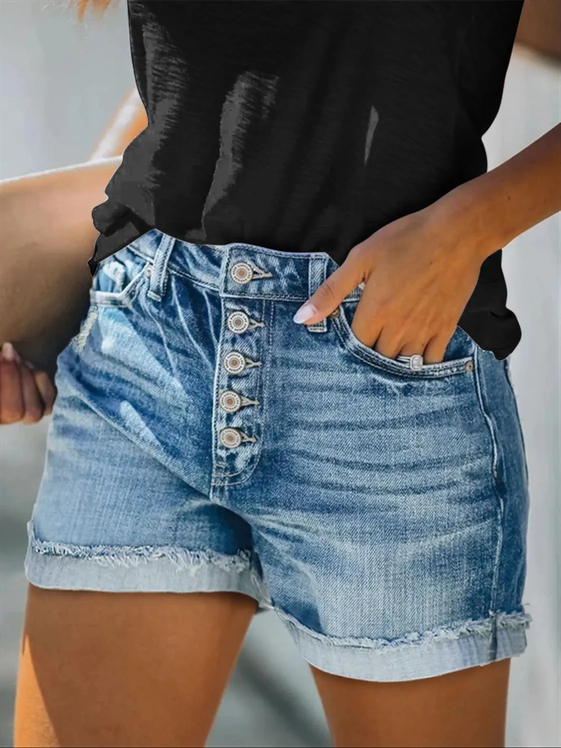 KISSMODA Denim Shorts Women Trendy Button Summer Cut Off Short Womens Jean Shorts High Waisted Denim Hot Ripped Shorts