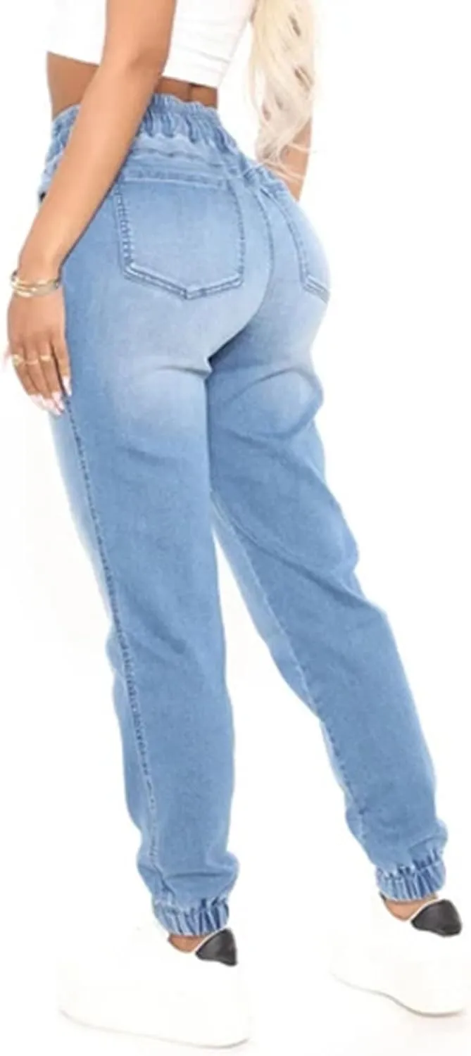 LONGYIDA Denim Joggers for Women High Waisted Stretch Drawstring Elastic Waist Casual Jean Joggers Loose Denim Pants
