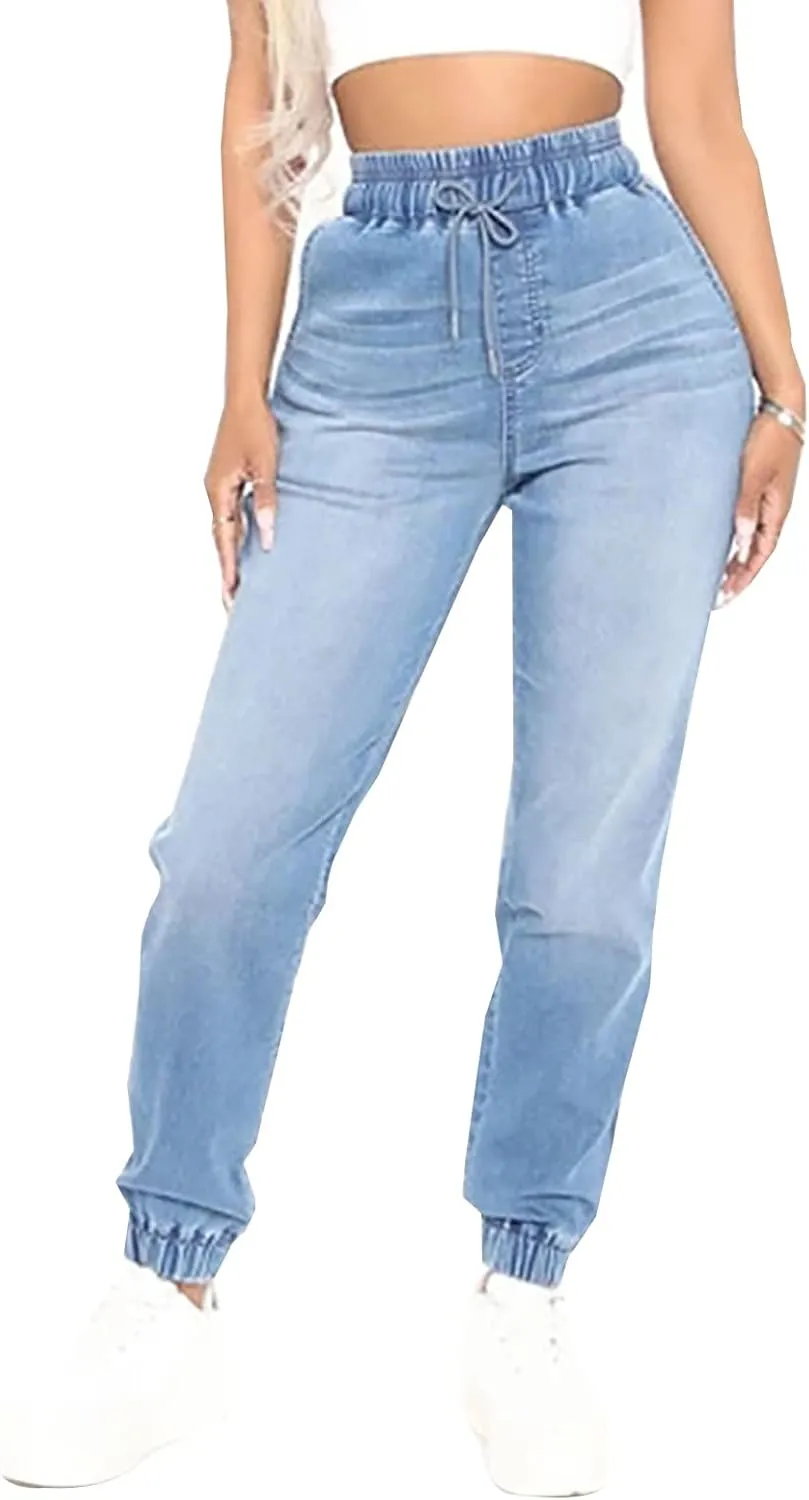 LONGYIDA Denim Joggers for Women High Waisted Stretch Drawstring Elastic Waist Casual Jean Joggers Loose Denim Pants
