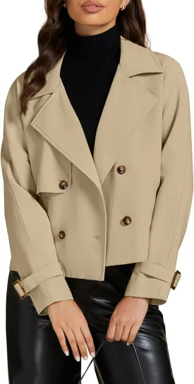luvamia Cropped Trench Coat for Women Long Sleeve Double Breasted Notched Lapel Casual Loose Fit Jackets with Pockets