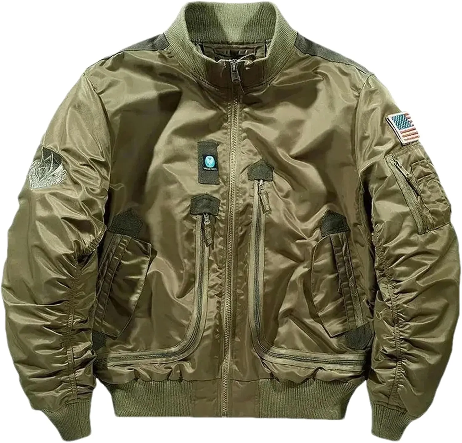 Men's Military Bomber Jacket, Tactical Flight Coat with Patches, Lightweight Windproof Outerwear