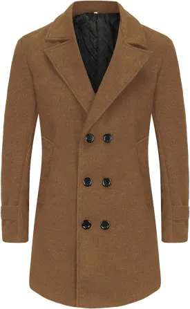 Men's Warm Single Breasted Pea Coat Trench Classic Wool Blend Overcoat with Pockets