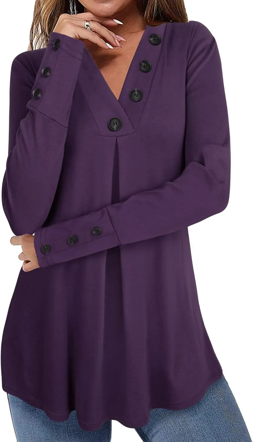 Messic Women's Long Sleeve Button V Neck Flowy Pleated Shirts Casual Tunic Tops Blouse