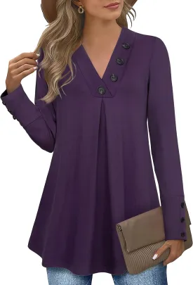 Messic Women's Long Sleeve Button V Neck Flowy Pleated Shirts Casual Tunic Tops Blouse