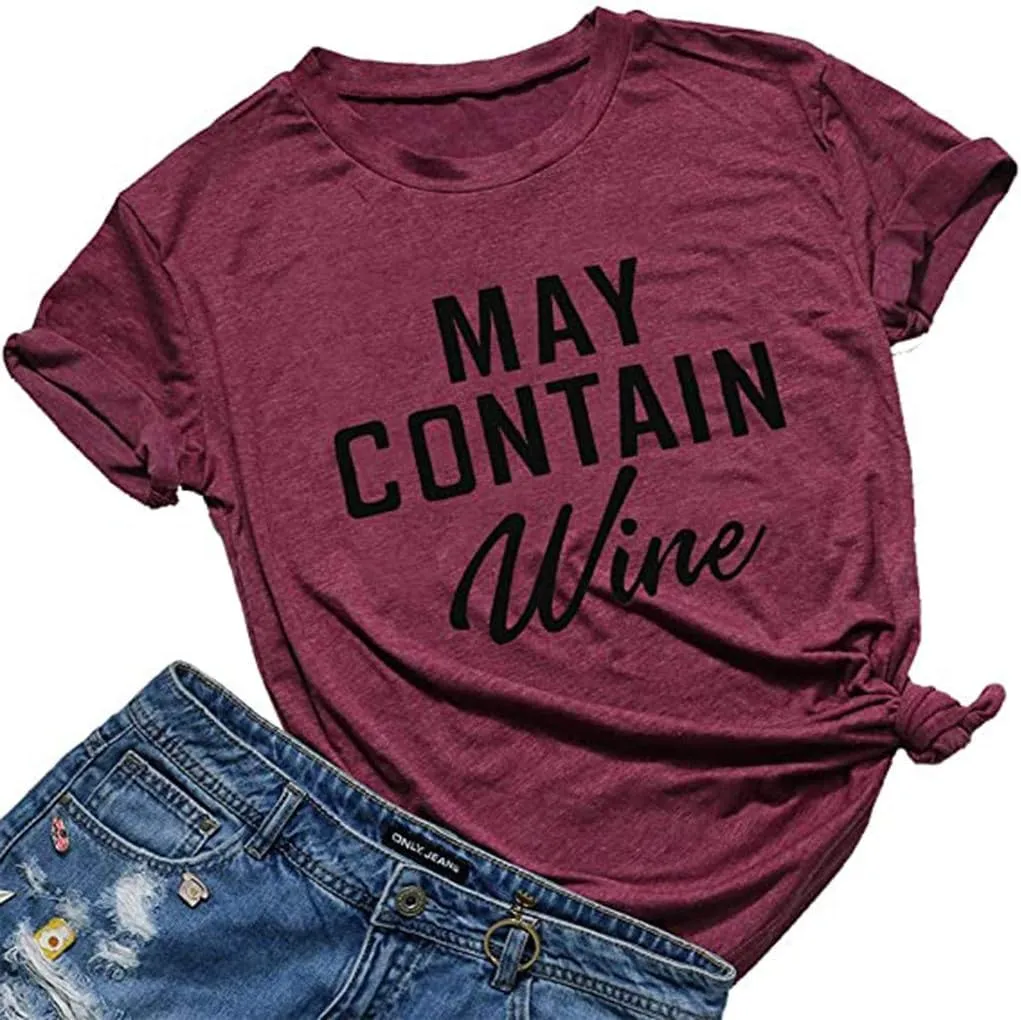 NaRHbrg May Contain Wine T Shirt Alcohol Shirts Womens Letter Print Tops Loose Casual Summer Blouse Short Sleeve Tee Shirt