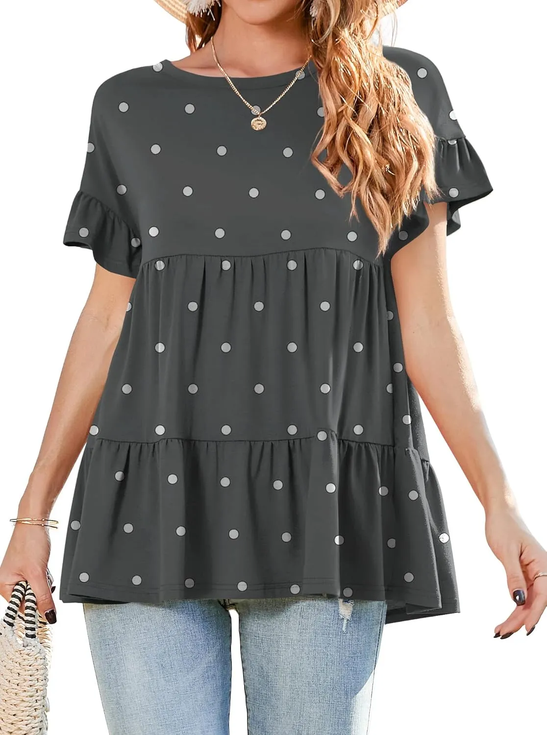 Neineiwu Women's Casual Ruffle Short Sleeve Crewneck Loose Tops Blouses Tunics