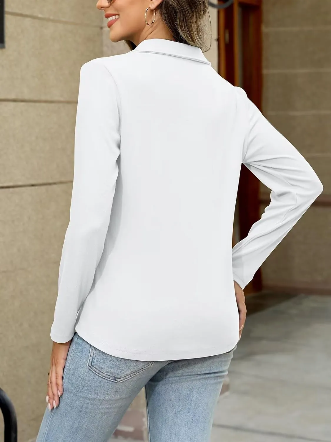 ORANDESIGNE Women's Long Sleeve Polo Shirts Casual Color Block V Neck Tops Fall Collar Ladies Tunics Tees