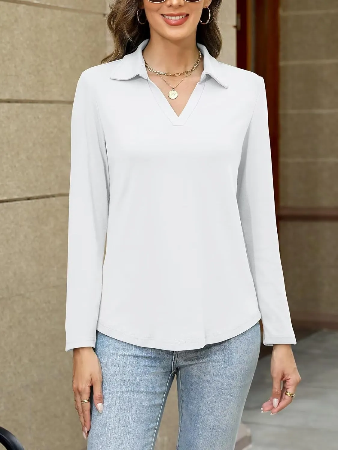 ORANDESIGNE Women's Long Sleeve Polo Shirts Casual Color Block V Neck Tops Fall Collar Ladies Tunics Tees