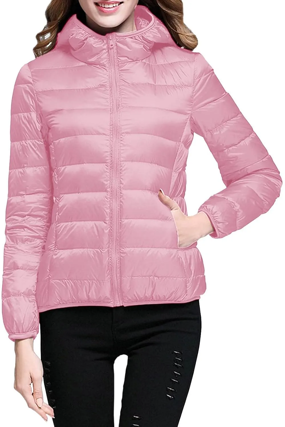 Packable Puffer Jacket for Women Lightweight Short Down Jackets Trendy Slim Fit Bubble Coat Winter Puffer Jackets with Hood